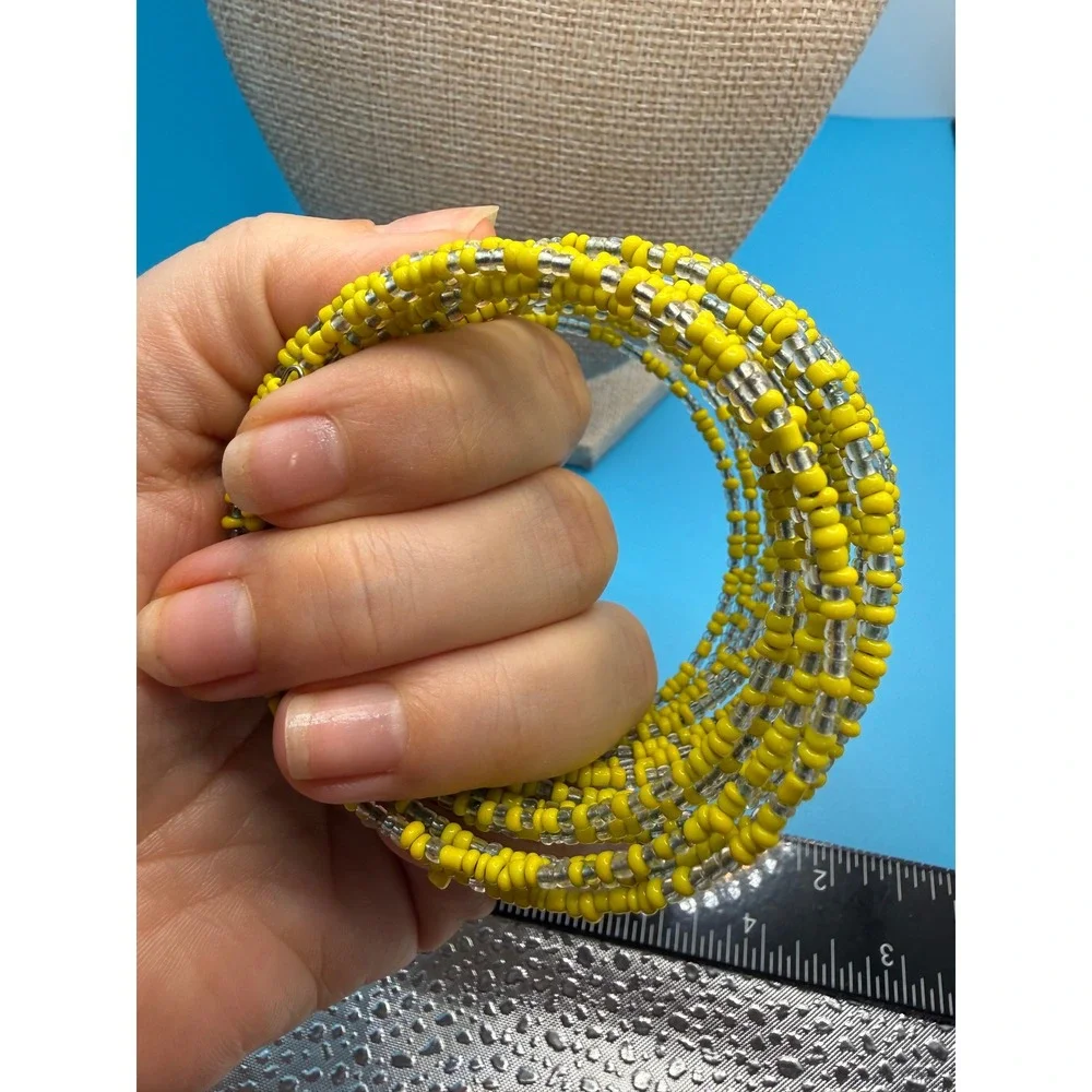 Yellow Clear Seed Bead Memory Wire Wrap Bracelet Multi Layer Stacked Bangle